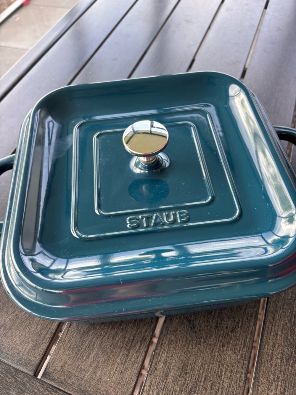 Never Used! Staub Deep Teal Square Enamel Cast Iron Casserole with Silver Knob